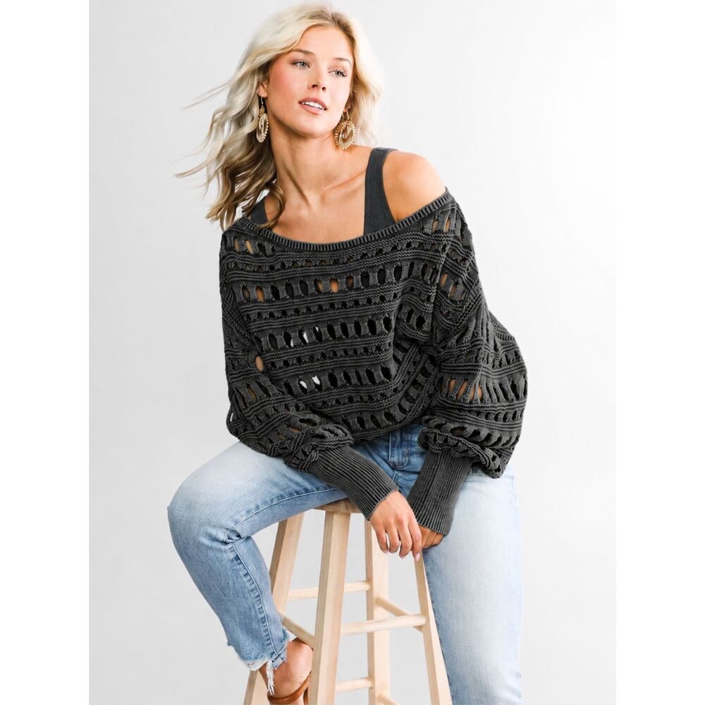 BKE Washed Off The Shoulder Sweater XS Open-Knit Slouchy Distressed Grunge Surf